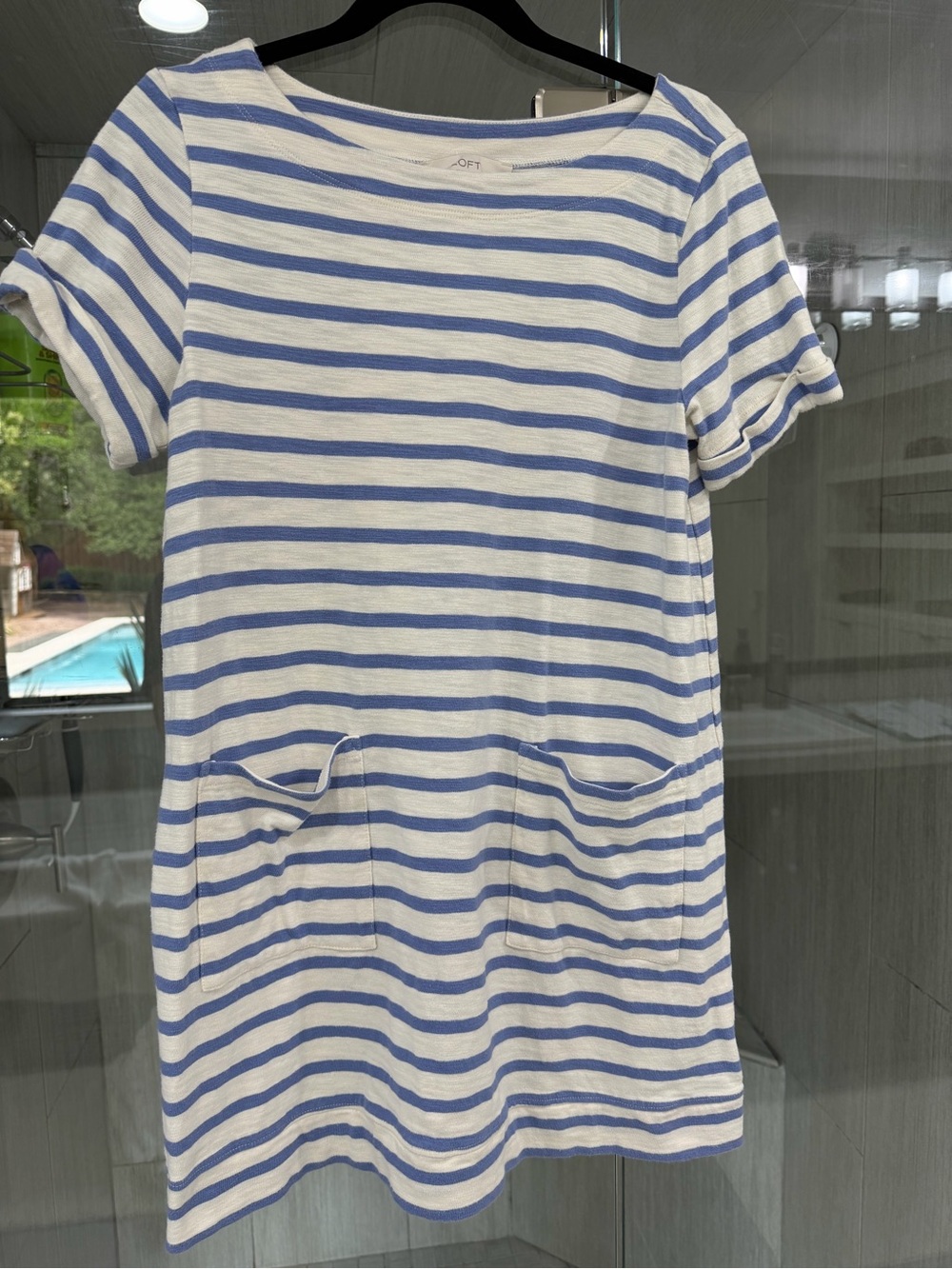 LOFT White and Light Blue Striped Mini Dress